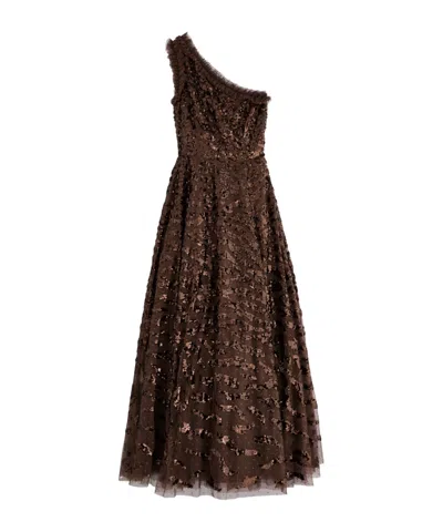 Needle & Thread One-shoulder Ripple Sequined Gown In Brown