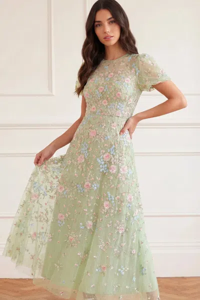 Needle & Thread Peony Bouquet Round Neck Ankle Gown In Green