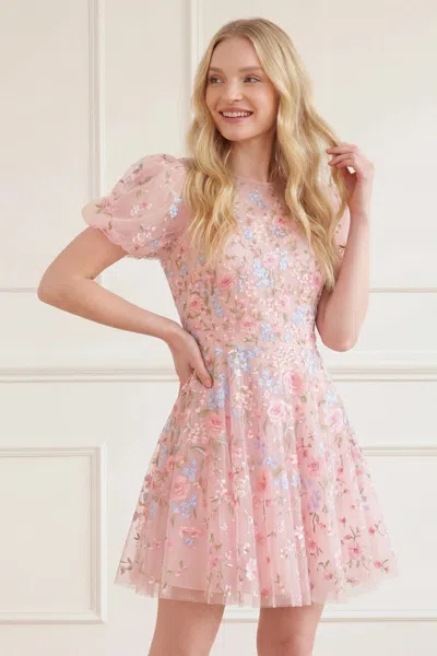Needle & Thread Peony Bouquet Round Neck Micro Mini Dress In Pink