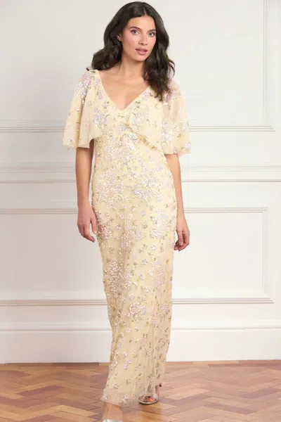 Needle & Thread Peony Bouquet Sequin V-neck Cape Gown In Yellow