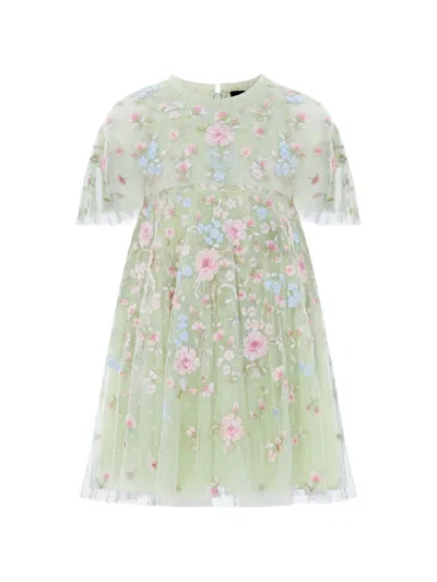 Needle & Thread Kids' Peony Floral-embroidered Cape-style Dress In Green