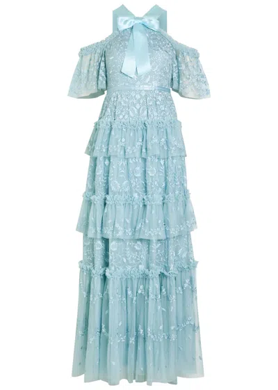Needle & Thread Primrose Floral-embroidered Tulle Gown In Blue