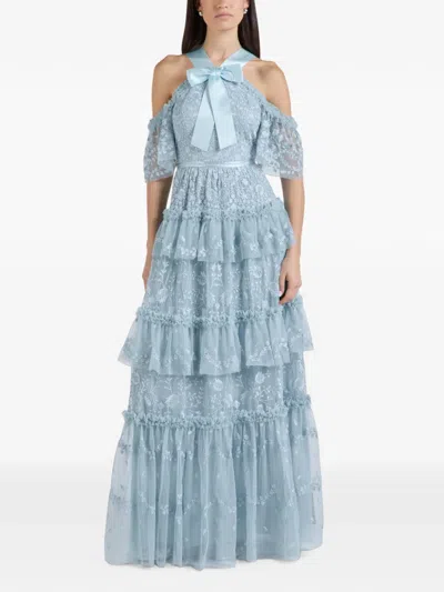 Needle & Thread Primrose Ruffled Floral-embroidered Maxi Gown In Blue