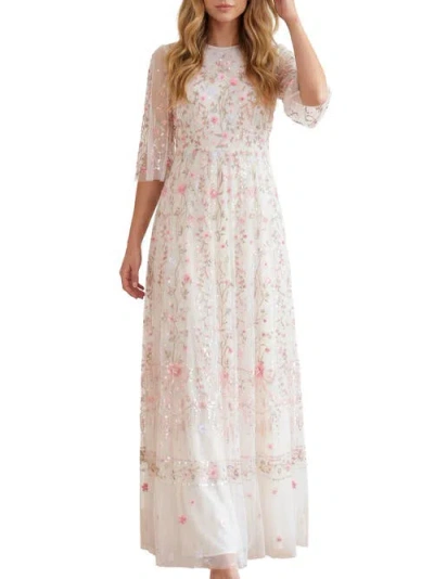 Needle & Thread Rococo 3/4 Sleeve Embroidered Gown In Chalk