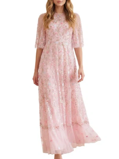 Needle & Thread Rococo 3/4 Sleeve Embroidered Gown In Dusk Pink