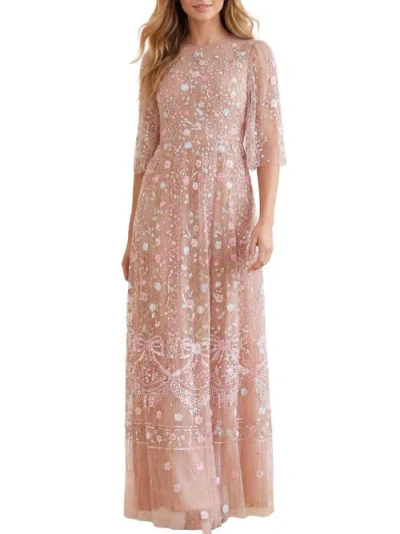 Needle & Thread Rococo 3/4 Sleeve Embroidered Gown In Wheat