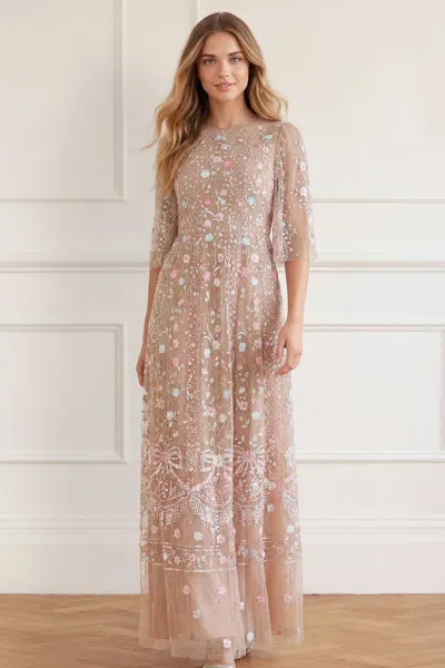 Needle & Thread Rococo Ribbon Round Neck Gown In Beige