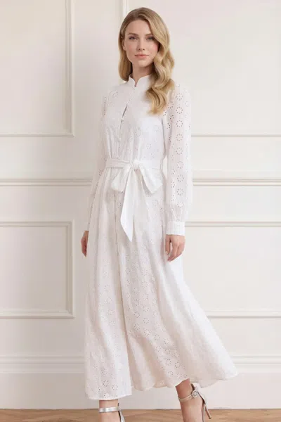 Needle & Thread Romilly Cotton Broderie Long Sleeve Shirt Dress In White
