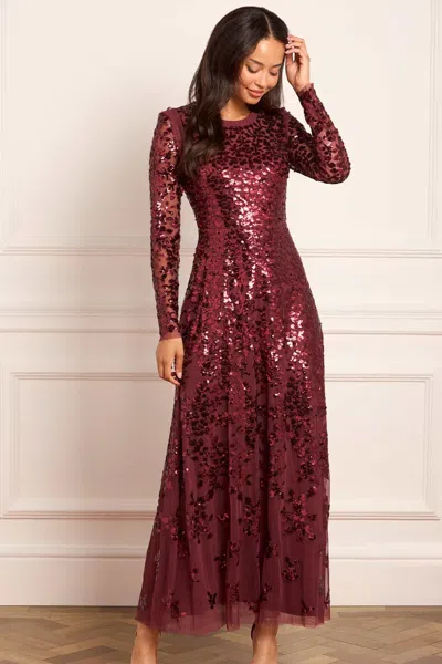 Needle & Thread Rosanna Lattice Round Neck Gown In Burgundy