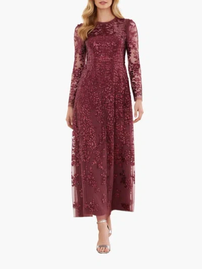 Needle & Thread Rosanna Lattice Round Neck Gown In Burgundy