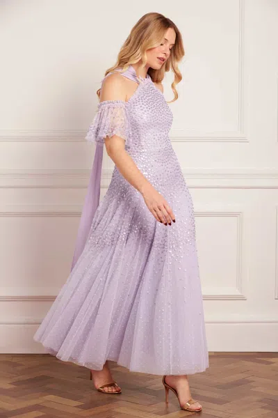Needle & Thread Scallop Sequin Halter-neck Ankle Gown In Purple