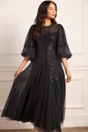 Needle & Thread Scallop Sequin Round Neck Ankle Gown In Black