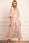 Needle & Thread Scallop Sequin Round Neck Ankle Gown In Brown