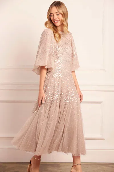 Needle & Thread Scallop Sequin Round Neck Ankle Gown In Brown