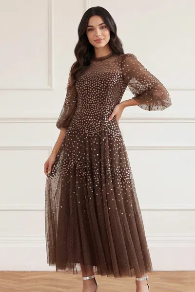 Needle & Thread Scallop Sequin Round Neck Ankle Gown In Brown
