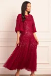 Needle & Thread Scallop Sequin Round Neck Ankle Gown In Red