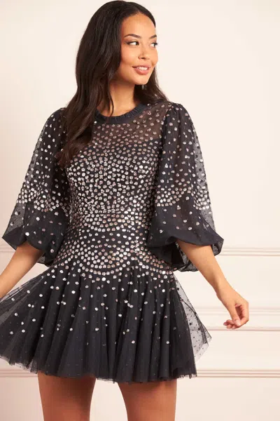 Needle & Thread Scallop Sequin Round Neck Micro Mini Dress In Black