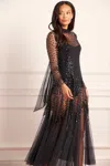 Needle & Thread Scallop Sequin Sheer Bow Ankle Gown In Black