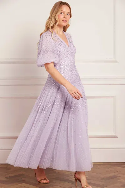 Needle & Thread Scallop Sequin V-neck Ankle Gown In Purple