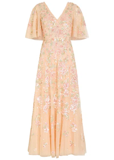 Needle & Thread Sequin Bouquet Embellished Cape-effect Tulle Gown In Pink