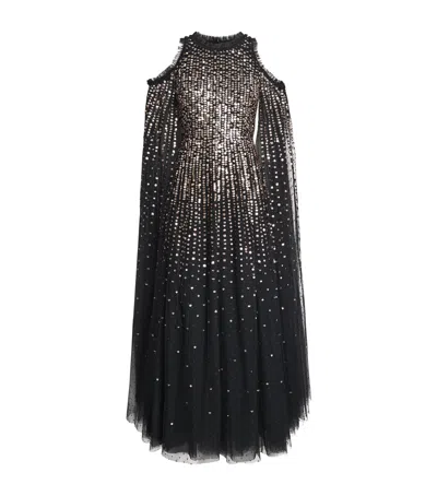Needle & Thread Sequin Cape-detail Moonlight Maxi Dress In Black