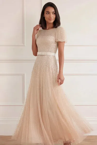 Needle & Thread Sequin Cascade Bow Short Sleeve Gown In Beige
