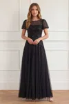 Needle & Thread Sequin Cascade Bow Short Sleeve Gown In Black