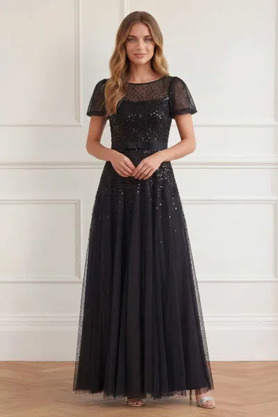 Needle & Thread Sequin Cascade Bow Short Sleeve Gown In Black