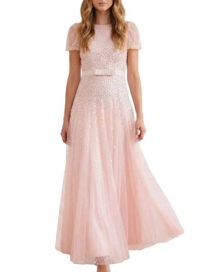 Needle & Thread Sequin Cascade Bow Short Sleeve Gown In Dusk Pink/cream