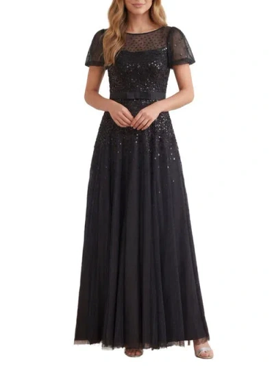 Needle & Thread Sequin Cascade Bow Short Sleeve Gown In Graphite