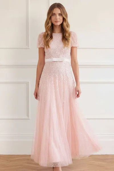 Needle & Thread Sequin Cascade Bow Short Sleeve Gown In Pink