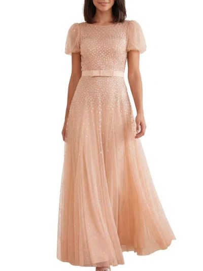 Needle & Thread Sequin Cascade Bow Short Sleeve Gown In Wheat/cream
