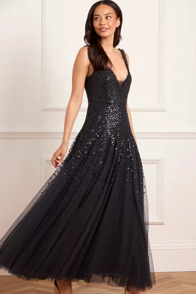 Needle & Thread Sequin Cascade Cami Plunge Gown In Black