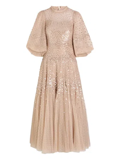 Needle & Thread Sequin-embellished Flute-sleeve Dress In Gold