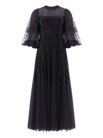 Needle & Thread Scallop Sequin Round Neck Ankle Gown In Black