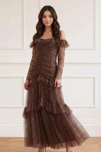Needle & Thread Sequin Glimmer Rouched Off-shoulder Gown In Brown