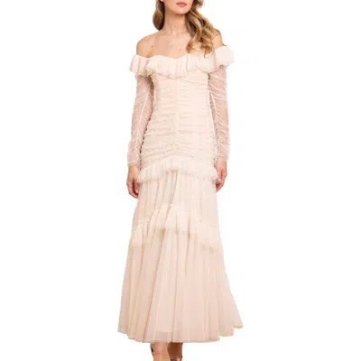 Needle & Thread Sequin Glimmer Rouched Off-shoulder Gown In Neutral