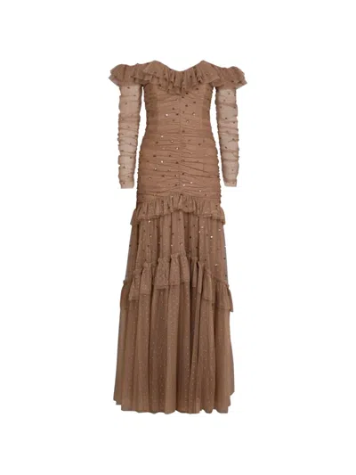 Needle & Thread Sequin Glimmer Ruffled Gown In Brown