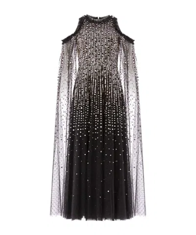 Needle & Thread Sequined Cape Sleeve Gown In Black