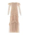 Needle & Thread Sequined Pleated Off-the-shoulder Gown In Neutral