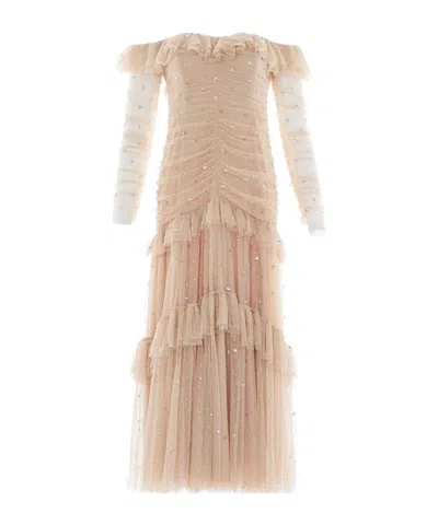 Needle & Thread Sequined Pleated Off-the-shoulder Gown In Neutral