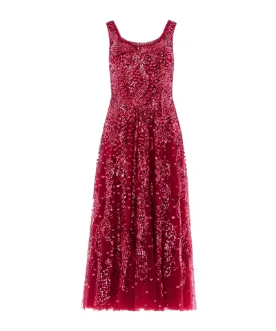 Needle & Thread Sequined Round Neck Dress In Red