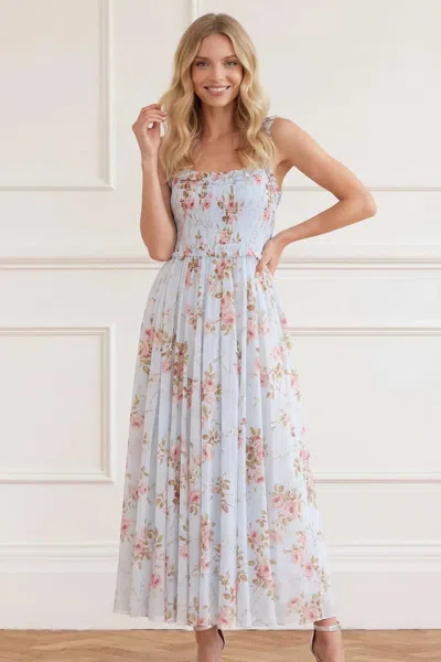 Needle & Thread Summer's Rose Chiffon Smocked Cami Ankle Gown In Blue