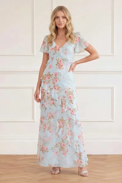 Needle & Thread Summer's Rose Georgette V-neck Gown In Blue