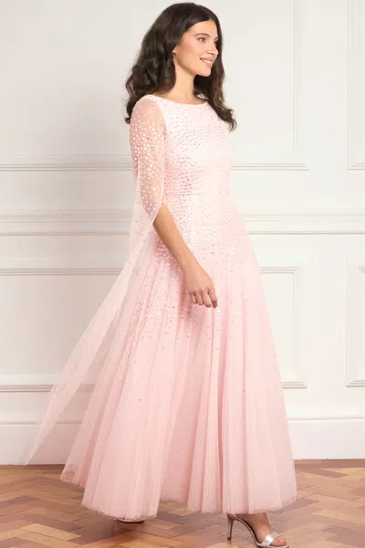 Needle & Thread Sunrise Sequin Cape Sleeve Ankle Gown In Pink