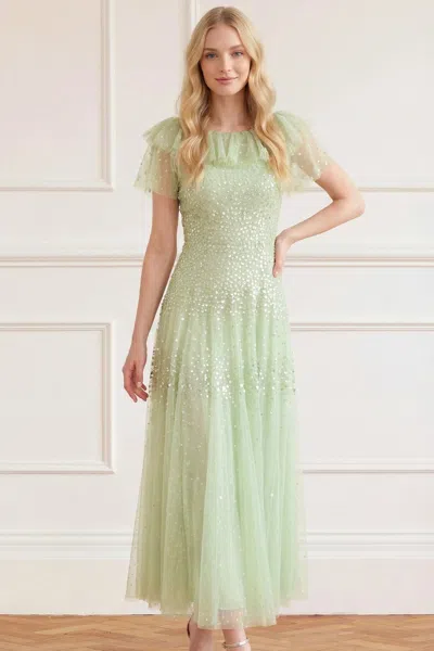 Needle & Thread Sunrise Sequin Short Sleeve Ankle Gown In Green