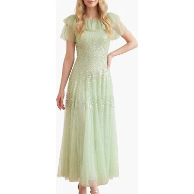 Needle & Thread Sunrise Sequin Short Sleeve Ankle Gown In Green
