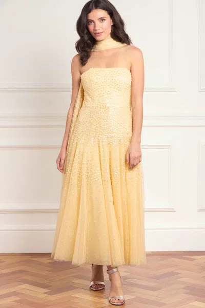 Needle & Thread Sunrise Sequin Strapless Cape Ballerina Dress In Yellow