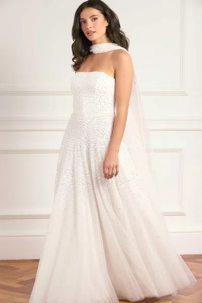 Needle & Thread Sunrise Sequin Strapless Cape Gown In White
