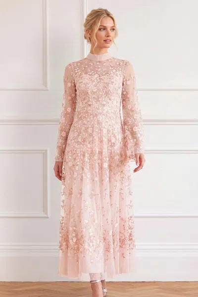 Needle & Thread Sylvia Rose Long Sleeve Ankle Gown In Pink